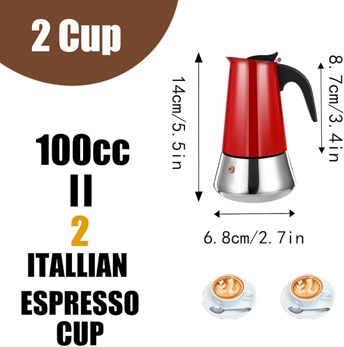 2 Cup Stovetop Espresso Maker Stainless Steel Moka Pot Stove Top Percolator Italian Coffee Makers Capable Mocha Greca Machine Cafe Classic Induction Cookers for Home and Camping 100ml 3.3oz - Image 2