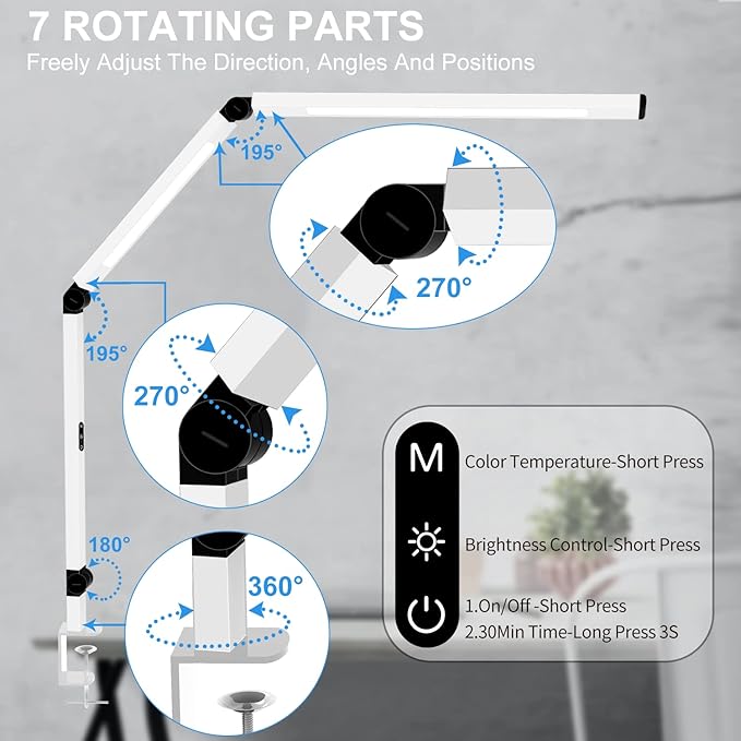 Micomlan LED Desk Lamp for Home Office, Architect Clamp Desk Lamp with Remote Control, Adjustable Dimmable Swing Arm Clamp on Table Light Clip-on Dual Light 5 Brightness Levels & 4 CCT Modes - Image 2