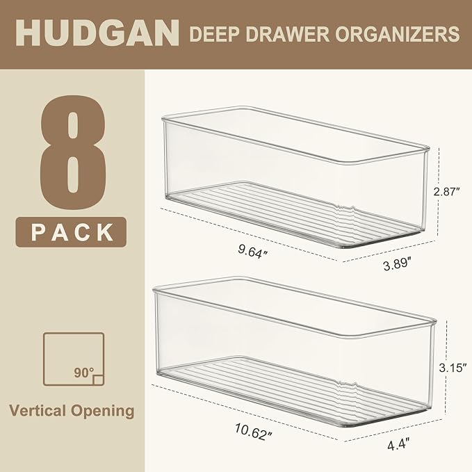 Hudgan 8 Pack Clear Plastic Drawer Organizers Set, Stackable Deep Drawer Organizer for Makeup Vanity and Desk, 2 Sizes Tall Bathroom Drawer Organizer - Image 5