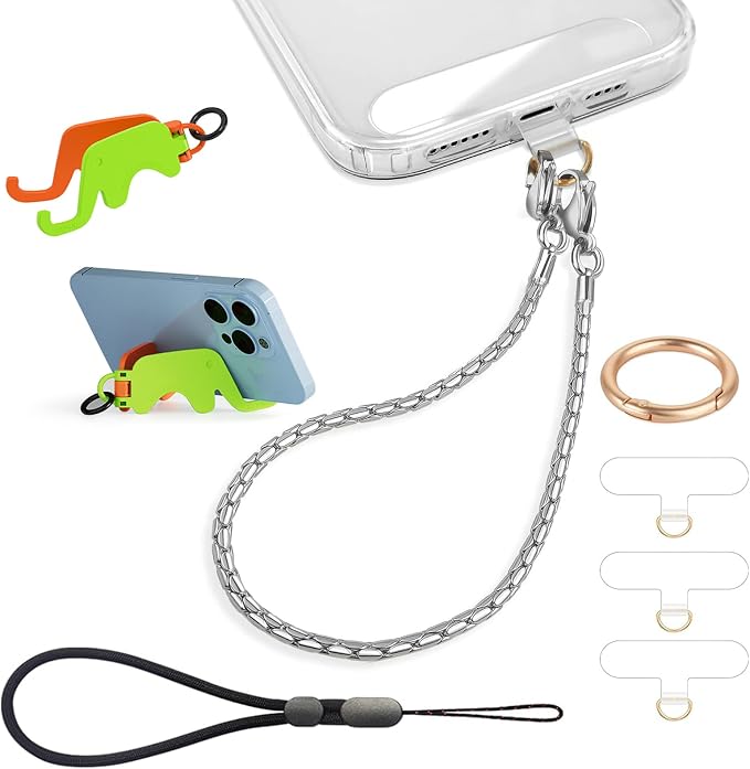 Phone Wrist Strap Metal Phone Chain Lanyard Hand Wristlet Detachable Phones Charm with 3 Tether Tabs with CellPhone Stand Holder Finger Grip Universal for Women Girls Traveling Party Walking Silver by Casecond