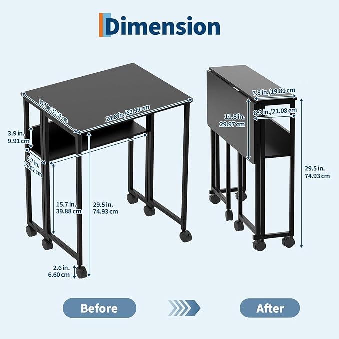 Folding Desk Small Rolling Desk with Storage Shelf,24.8 Inch Foldable Computer Table with Wheels,Portable Office Desk for Small Space Sofa Table,Easy to Fold,Writing Work Office Computer Desk,Black - Image 2