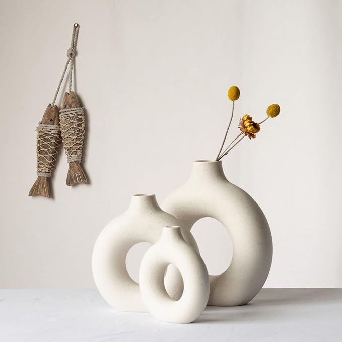 CEMABT White Donut Vase Hollow Ceramic Vase for Flowers Handmade Minimalist Boho ins Style Modern Home Decor for Wedding Dinner Table Party Living Room Office Bedroom（L，White） - Image 6