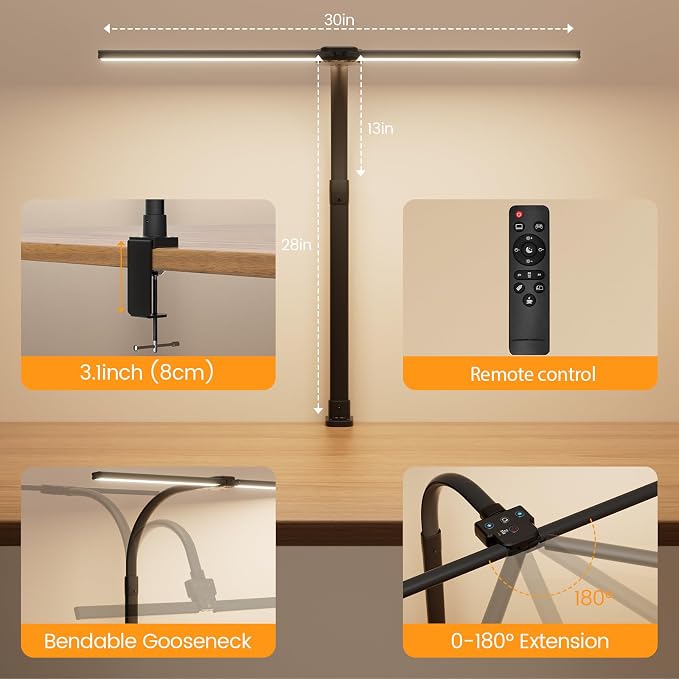 LED Desk Lamp for Home Office, 24W Computer Desk Light with Remote Control, Bright Table Lamp with Clamp Dimmable Tall Desktop Lighting with Bendable Gooseneck, Double Head, Black - Image 4