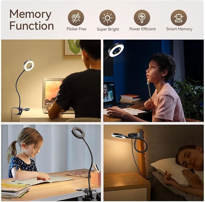 2 Pack LED Clip on Desk Lamp, Metal 360 Adjustable Neck | Eye-Caring Clamp Lamp, Memory Function, 3 Color Modes & 10 Brightness Levels, For Home, Office, Dorm, Bedroom - Image 7