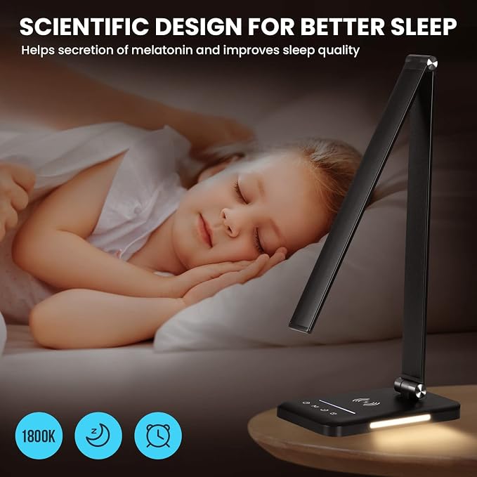 LED Desk Lamp with Night Light, Fast Wireless Charger, USB Charging Port, 10 Brightness, 5 Color Modes, Dimmable Bedside Table Lamp for Bedroom, Touch Control, Auto Timer, 1200Lux Super Bright - Image 3