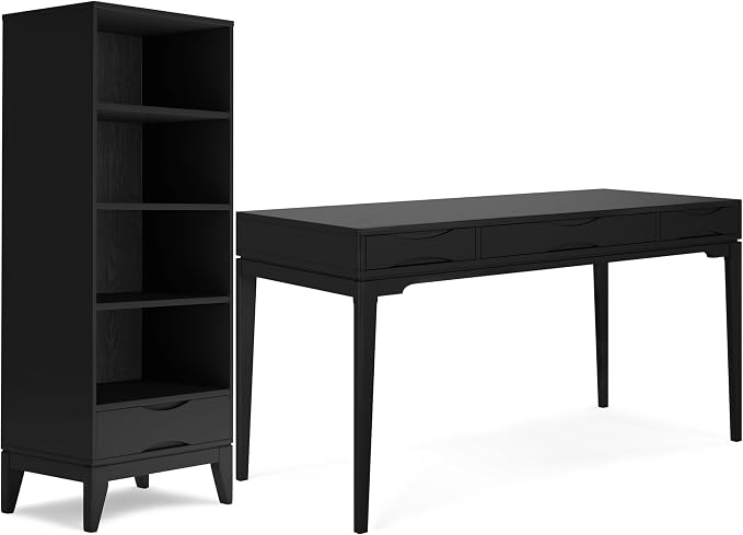 SIMPLIHOME Harper Desk and Bookcase Bundle - 60 inch Wide Solid Wood Mid Century Modern Desk with Drawers and 24 inch Wide 4-Shelf Bookcase in Black, Home Office Furniture (Set of 2) by SimpliHome