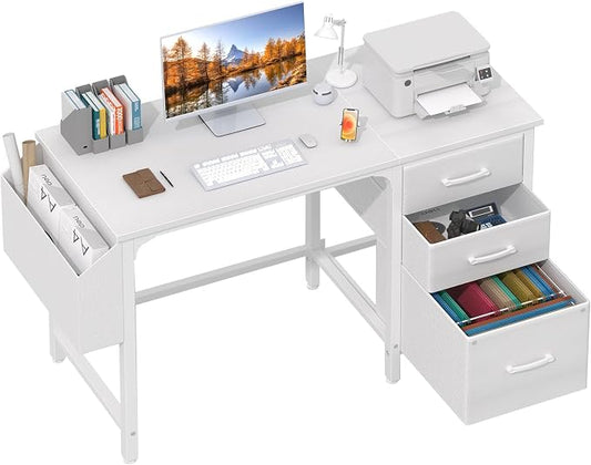 Lufeiya White Desk with File Drawers Cabinet, 47 Inch Reversible Computer Desk with Fabric Filing Cabinet for Bedroom Small Space Home Office, Modern Writing Table PC Desks, White by LUFEIYA