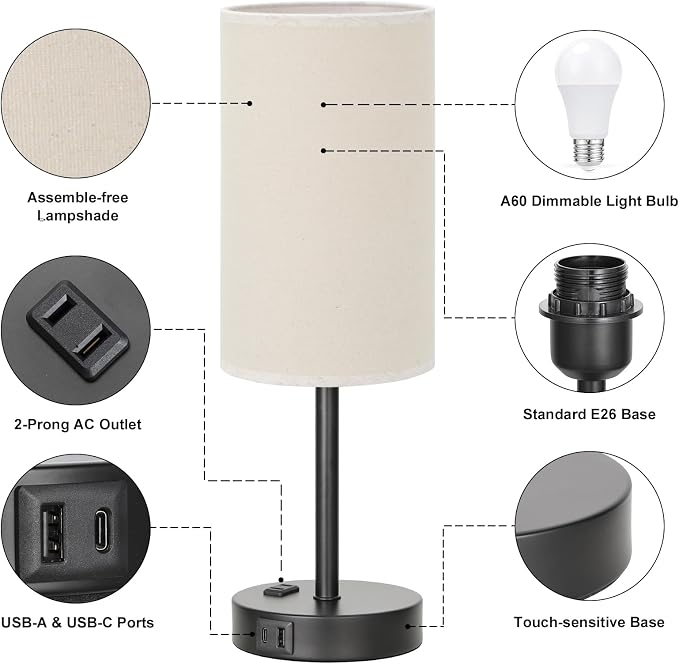Fenmzee Touch Table Lamp - Beige, 3-Way Dimmable, USB A + C Charging, AC Outlet, 17.4inch Medium, Black Metal Base - Image 5