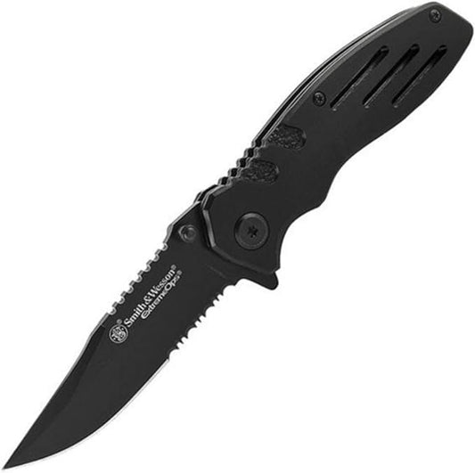 Smith & Wesson Accessories Extreme Ops SWA24S 7.1in S.S. Folding Knife with 3.1in Serrated Clip Point Blade and Aluminum Handle for Outdoor by SmithWesson
