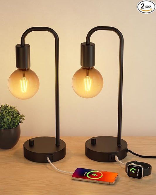 ONEWISH Industrial Table Lamp Set of 2 with USB C&A Charging Port, Stepless Dimmable Nightstand Bedside Lamps for Bedroom,Desk Lamps with 2700K Black Gradient Bulb for Reading Living Room,Office by onewish