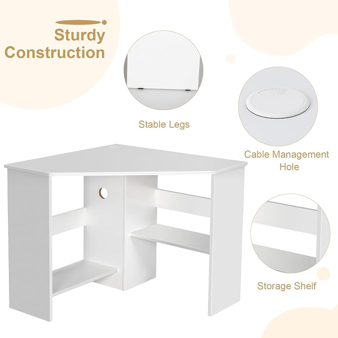 Tangkula White Corner Desk - 90 Degrees Triangle for Computer, Small Space, Bedroom, Makeup Vanity Desk with Storage Shelves & CPU Stand, Space Saving Writing Desk - Image 7