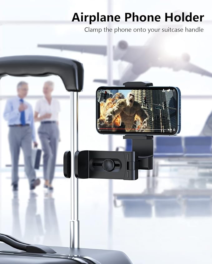 MiiKARE Travel Essentials Airplane Phone Holder, Universal Handsfree Phone Mount for Flying with 360 Degree Rotation, Travel Must Haves Phone Stand for Desk, Tray Table, Black&Black - Image 2