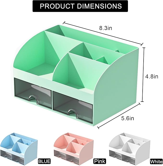 COMFYROOM Desk Organizer with 6 Compartments and 2 Drawers, Plastic Makeup Organizer, Pen Holder for Desktop Storage, Desk Organization for School, Home, Office Supplies (Mint Green) - Image 4