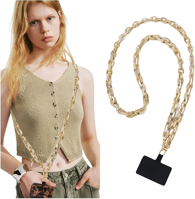 Phone Crossbody Chain CellPhone Lanyard, Acrylic Shouder Strap Universal Lanyard Chain with Tether Patches Compatible with Most Phones Bag Purse (Begie by Turkalla