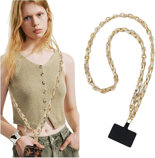 Phone Crossbody Chain CellPhone Lanyard, Acrylic Shouder Strap Universal Lanyard Chain with Tether Patches Compatible with Most Phones Bag Purse (Begie by Turkalla