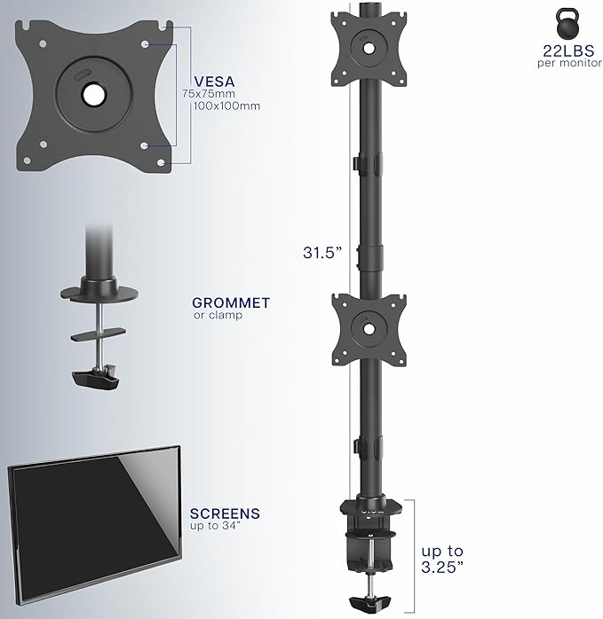 VIVO Dual Monitor Desk Mount Stand with Height Adjustment and VESA Plates for 2 LCD Ultrawide Screens up to 34 inches, Stacked Array, STAND-V002R - Image 3