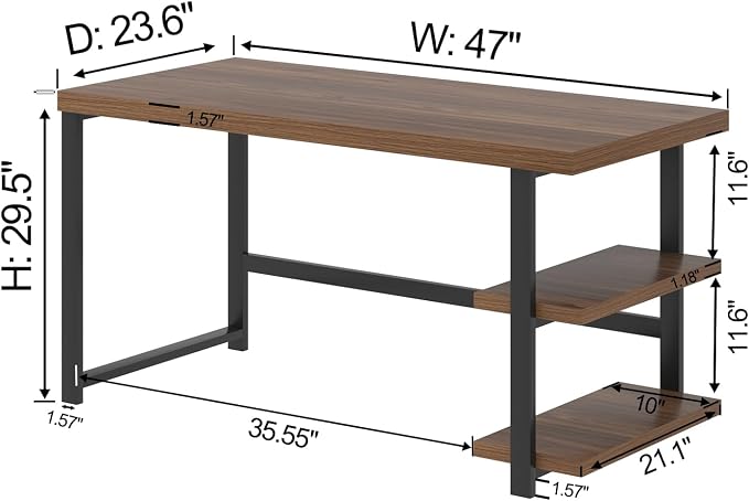 FOLUBAN 47 Inch Computer Desk, Small Home Office Desk with Storage Shelves, Industrial Writing Study Gaming Table Workstation for Living Room Bedroom, Rustic Walnut - Image 2