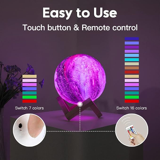 BRIGHTWORLD Moon Lamp Galaxy Lamp 5.9 inch 16 Colors LED 3D Moon Light, Remote & Touch Control Moon Night Light Gifts for Girls Boys Kids Women Birthday（Wooden Base） - Image 3