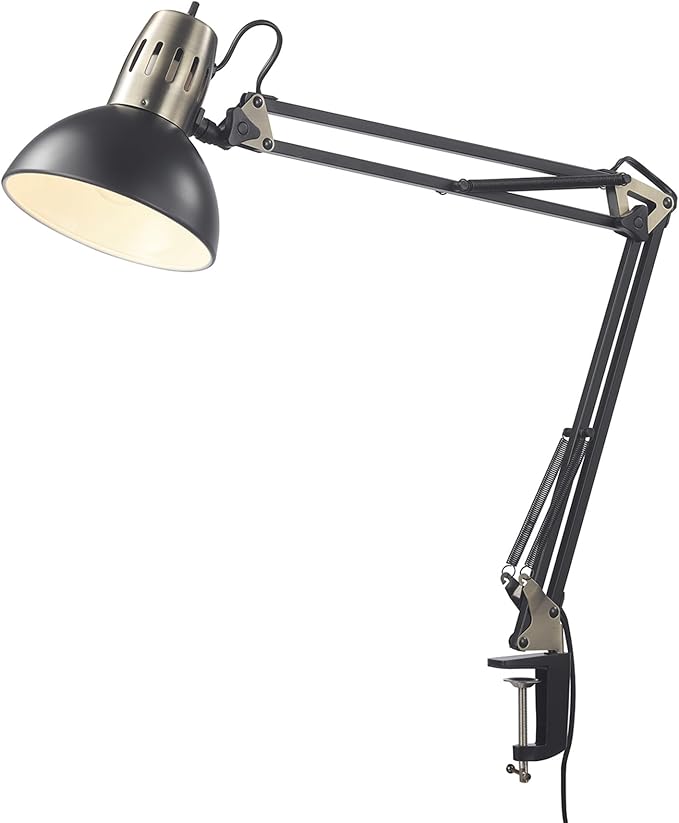 Globe Electric 62000009 32" Multi-Joint Desk Lamp with Metal Clamp, Matte Black, Antique Brass Accents, On/Off Rotary Switch on Shade, Partially Adjustable Swing Arm, Home Décor, Office Accessory - Image 5
