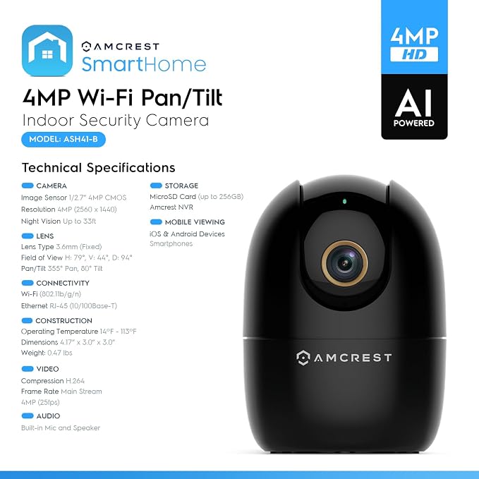 Amcrest 4MP WiFi Camera Indoor, Dog Camera, Sound & Baby Monitor, Human & Pet Detection, Motion-Tracking, w/ 2-Way Audio, Pan/Tilt Wireless IP Camera, Night Vision, Smart Home ASH41-B - Image 7