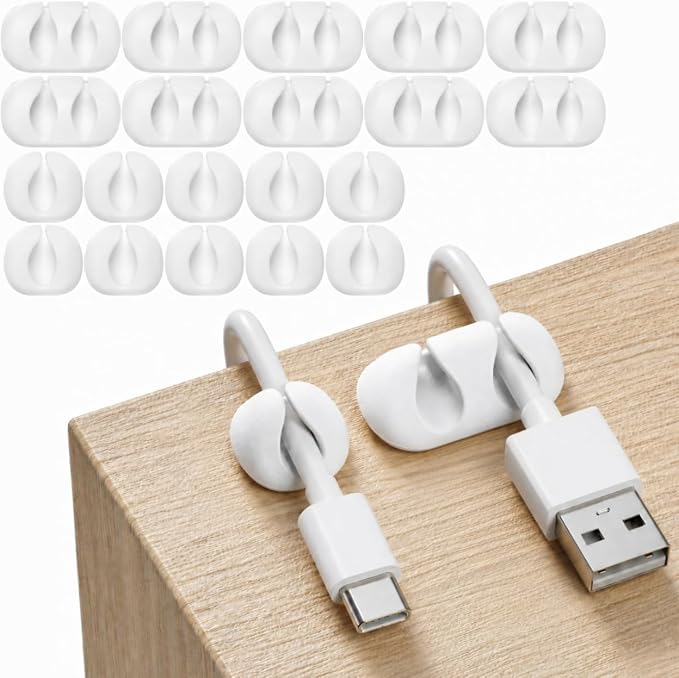 Cord Organizer for Desk, Nightstand Cable Holder, 20 Pack, Multislot, White | GLUIT Adhesive Charger Organizer, Cable Management for Desk Car Office Home College Dorm Room Cable Clips for Cords by GLUIT