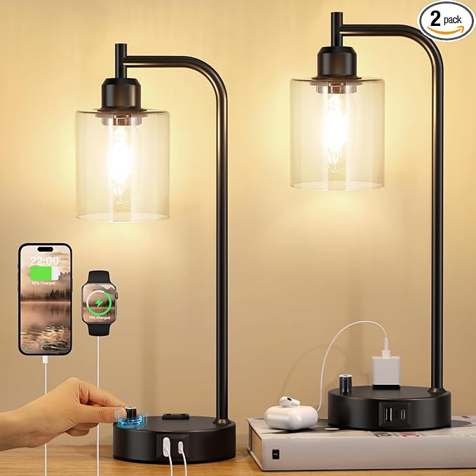 Industrial Nightstand Lamps for Bedrooms Set of 2 - Fully Dimmable Bedside Lamps with USB A C Ports and Outlet, Black Table Lamps with Clear Glass Shade for Living Room, Desk Lamps for Office Reading by Innqoo