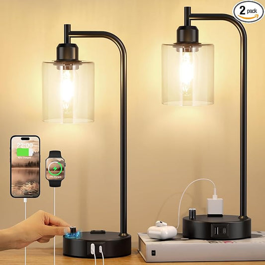 Industrial Nightstand Lamps for Bedrooms Set of 2 - Fully Dimmable Bedside Lamps with USB A C Ports and Outlet, Black Table Lamps with Clear Glass Shade for Living Room, Desk Lamps for Office Reading by Innqoo