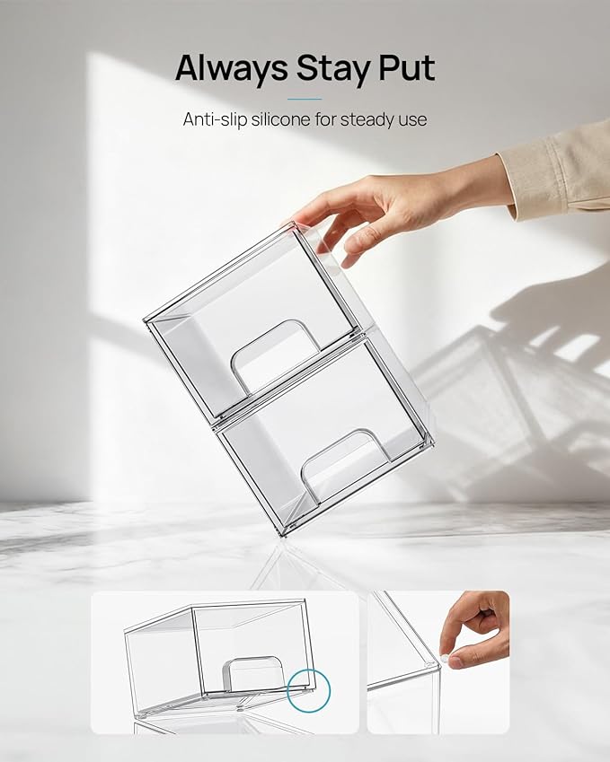 Vtopmart 4 Pack Small Clear Stackable Storage Drawers,Acrylic Bathroom Makeup Organizer,Plastic Storage Bins for Vanity, Undersink, Kitchen Cabinets, Pantry, Home Organization - Image 6