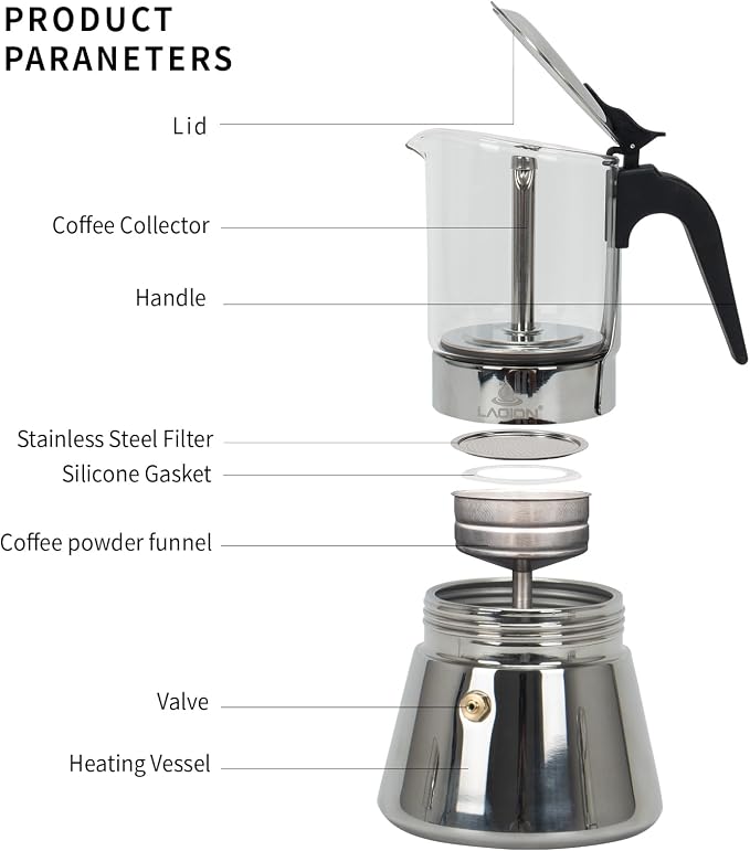 LAOION Stovetop Espresso Maker, 6Cup 240ml Moka Pot, Cuban Coffee Maker | Crystal Glass-top & Stainless Steel Coffee Maker Mocha Pot, Greca De Cafe, Cuban and Italian Coffee Maker for Cafetera Cubana - Image 3