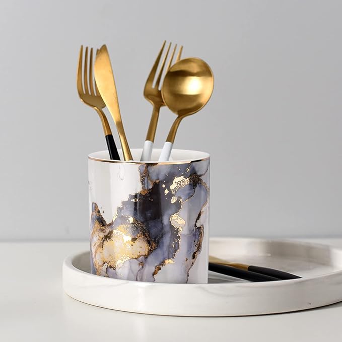 Marble Pencil Holder, Durable Ceramic Desk Organizer Office Supplies,Desktop Stationary Organizer,Multi-Functional Pencil Storage for Desktop Accessories,Office,Classroom,Home,Gray Gold - Image 5