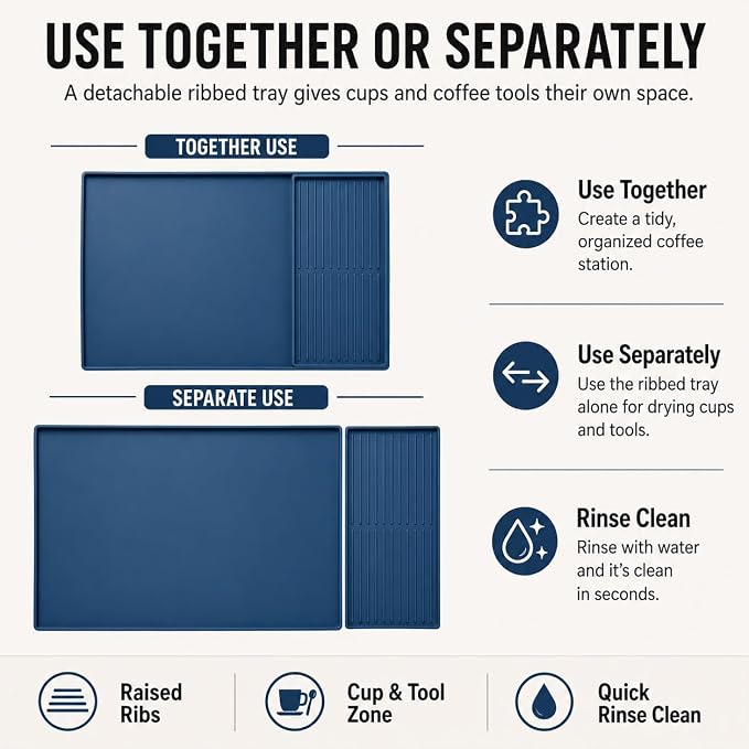 Silicone Coffee Mat 24 x 16 in with Tray, Deep Sea Blue | Coffee bar mat for countertop use, coffee station mat or coffee machine mat with removable tray and 0.47 in raised rim. - Image 7