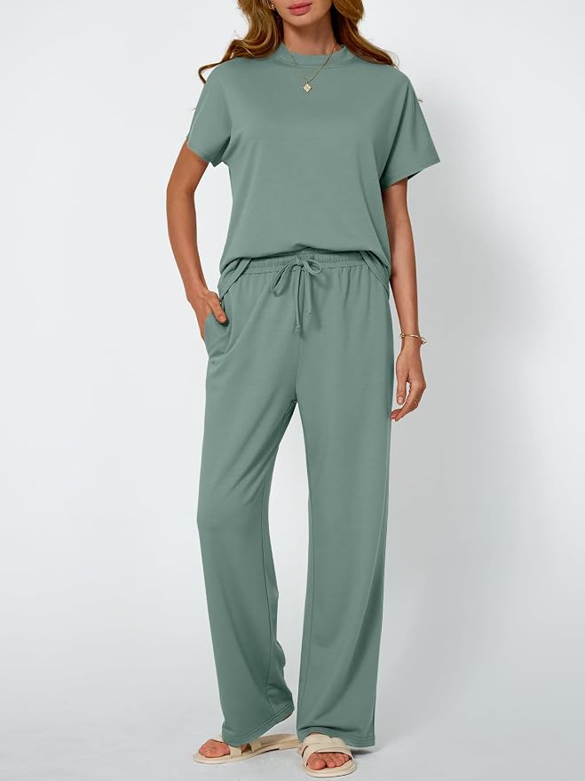 AUTOMET Women's 2 Piece Matching Lounge Sets 2026 Summer Mock Neck Sweatsuits Short Sleeve Loungewear Travel Outfits - Image 2
