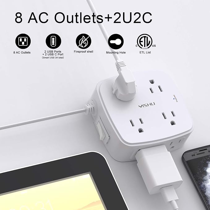 10 Ft Surge Protector Power Strip - YISHU 8 Widely Outlets with 4 USB Ports, 3 Side Outlet Extender with 10 Feet Flat Extension Cord, Ultra Flat Plug, Wall Mount, Desk USB Charging Station, ETL, White - Image 2