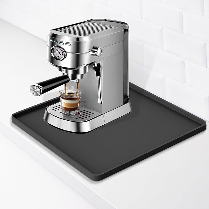 Silicone Coffee Mat 16"x16", Single Piece Anti-Vibration Under Coffee Maker Mat, Non-Slip Espresso Machine Mat with 10mm Raised Edge, Noise Reduction Countertop Protector, Fits Breville Ninja Keurig by Hugro+Tarfive