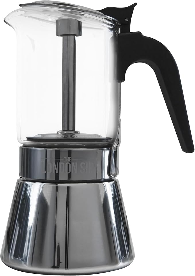 The London Sip Glass and Stainless Steel Stovetop Espresso Maker Moka Pot Italian Coffee Percolator, Glass, Medium (10.14 oz) by TheLondonSip