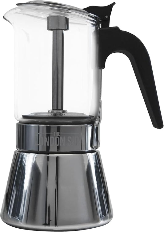 The London Sip Glass and Stainless Steel Stovetop Espresso Maker Moka Pot Italian Coffee Percolator, Glass, Medium (10.14 oz) by TheLondonSip