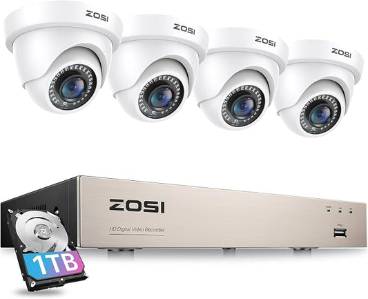 ZOSI 3K Lite Security Camera System with 1TB Hard Drive,AI Human/Vehicle Detection,Night Vision,H.265+ 8Channel HD TVI DVR Recorder,4pcs 1080P HD 1920TVL Indoor Outdoor Surveillance CCTV Dome Cameras by ZOSI