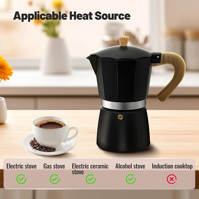 9 Cup Aluminum Moka Pot Classic Stovetop Espresso Coffee Maker 450ml 15oz Coffeemaker Percolator Mocha Pot Greca Coffee Maker Cafe Makers for Italian and Cuban Café Brewing Black - Image 4