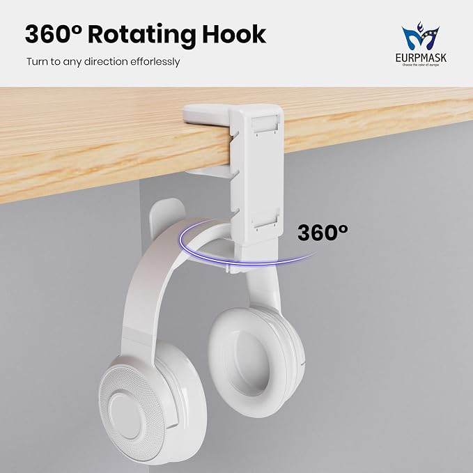 3-in-1 Headset&Controller Holder - EURPMASK Upgraded PC Gaming Headset Stand, Adjustable Clamp-on Headphone Holder,Headphone Controller Hook Under Desk w/ 360 Degree Swivel&Cable Clip Organizer-White - Image 5