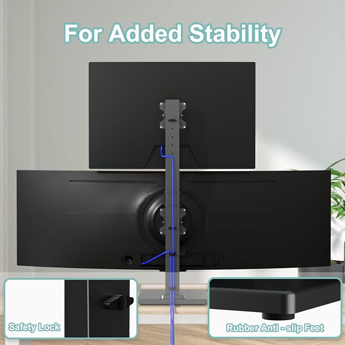 Suptek Dual Monitor Stand with Base Vertical Stack Screen Free-Standing Monitor Riser Fits Two Screen Max 36" & One Screen Max 43" with Swivel, Tilt, Height Adjustable,50,75 and 100mm Vesa Base Stand - Image 5