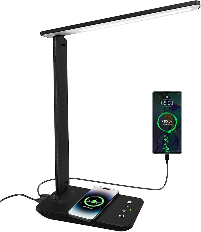 White crown LED Desk Lamp with 15W Wireless Charger & USB Port, Dimmable Table Lamp with 5 Lighting Modes, Sensitive Touch Control, Foldable & Portable Desk Light for Home, Office, Bedroom, Reading by WhiteCrown