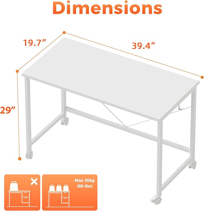 Mericonia 39x20 Inch Computer Desk with Wheels, Small Simple Rolling Desk | Writing Table for Home Office Bedroom Work Study, White - Image 2