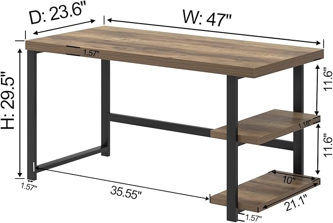 FOLUBAN Computer Desk, Wood and Metal Home Office Desk with Storage Shelves, Small Study Writing Table Workstation for Bedroom Living Room, Rustic Oak, 47 Inch - Image 2