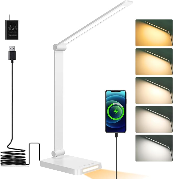 LED Desk Lamp with USB Ports,Touch Desk Lamps for Home Office with 5 Modes | 3 Brightness Desk Light with Small Night Light,Reading Lamp Table Lamp for Bedroom Bedside Study White （with adapter） by DottArts