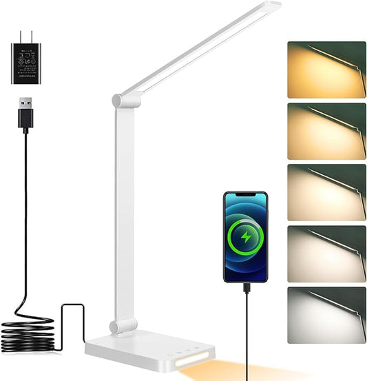 LED Desk Lamp with USB Ports,Touch Desk Lamps for Home Office with 5 Modes | 3 Brightness Desk Light with Small Night Light,Reading Lamp Table Lamp for Bedroom Bedside Study White （with adapter） by DottArts