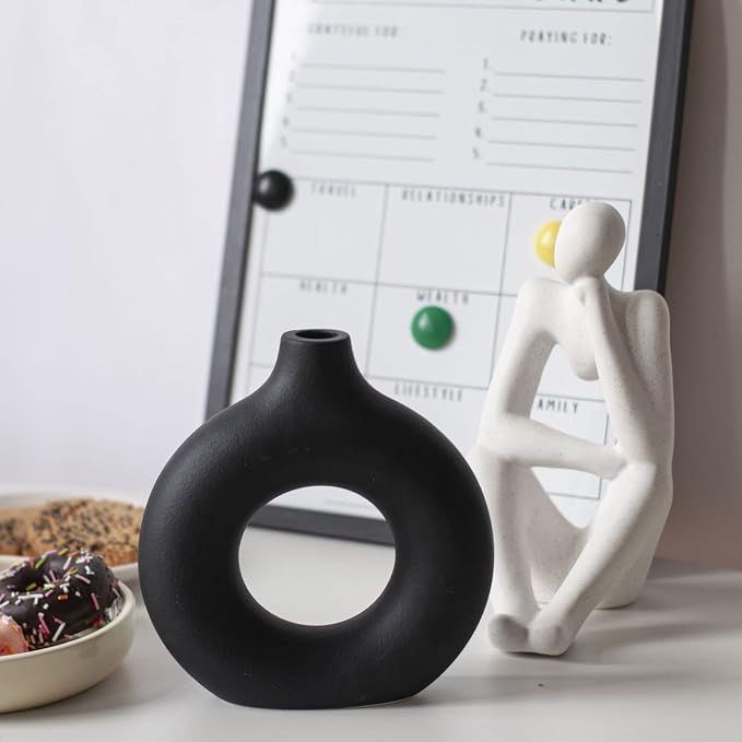 CEMABT Donut Vase Black Hollow Ceramic Vase for Flowers Handmade Minimalist Boho Style Decor for Wedding Dinner Table Party Living Room Office Bedroom - Image 6