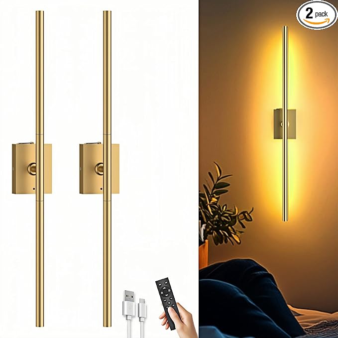Battery Operated Wall Sconces Set of Two: Dimmable Wireless Wall Lights with Remote, 31-inch LED Rechargeable Sconces, 360° Lighting Wall Scone Decor for TV, Mirror, Bedroom, Living Room(Gold) by iThirdHomeOutdoorLighting