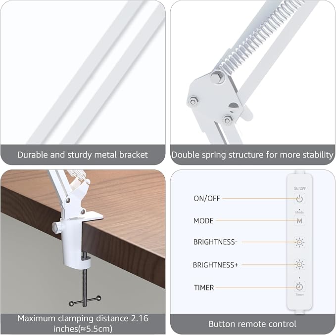 Upgrade Swing Arm LED Desk Lamp with Clamp, 80 LED Beads, 5 Color Modes & 11 Brightness Levels, 360° Adjustable Arm, Eye-Caring Light CRI95, Timer & Memory Function, for Office, Study, Crafting - Image 5