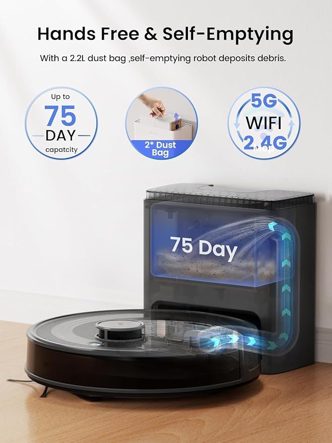 Lefant Robot Vacuum and Mop Combo,75-Days Self-Emptying,6000Pa Powerful Scution,Multi-Floor Mapping, No-Go Zones,140 Min Runtime,2.4G/5G WiFi/Alexa/APP/iWatch, M2 Plus Black - Image 2