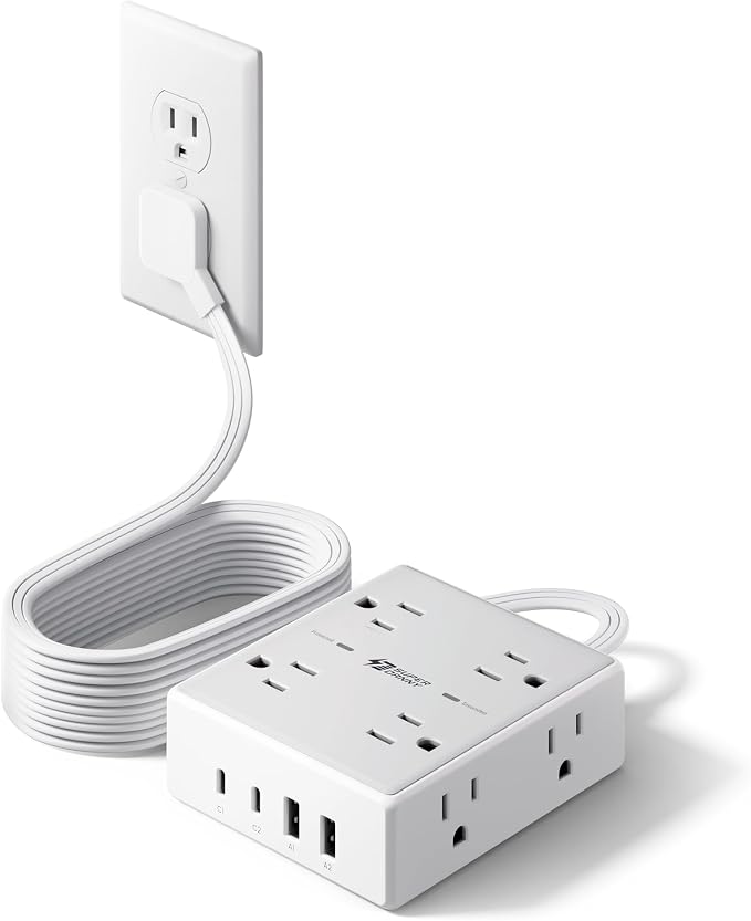 SUPERDANNY Extension Cord,Flat Plug Surge Protector Power Strip,10Ft | 8 AC & 4 USB Ports (2 USB C),Surge Protector with 1050J,Desk Charging Station for Home Office,College Dorm Room Essentials by SUPERDANNY